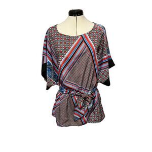 New York & Co Handkerchief Top w/ Various Geometrics in Blue Red Black - Size M